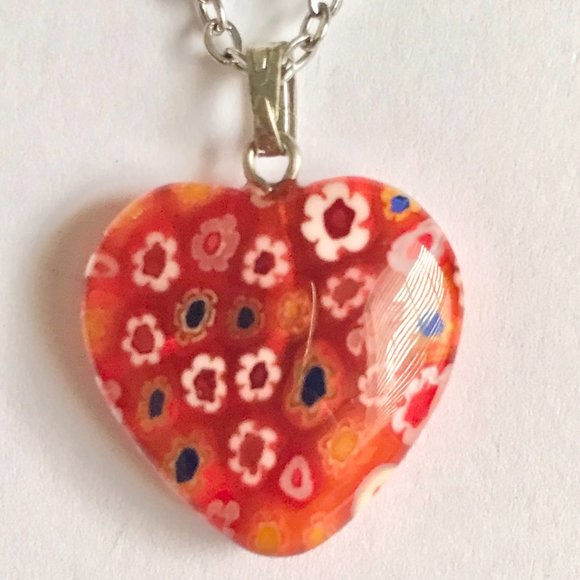 Orange Murano Glass Heart Necklace Millefiori Flowers Vintage Stainless Steel 18 - Picture 8 of 12